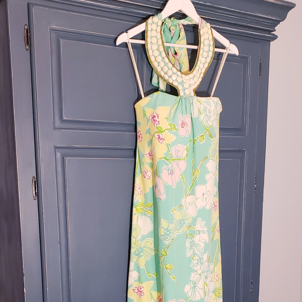 Lilly Pulitzer Green Embellished Orchid Maxi Dress.